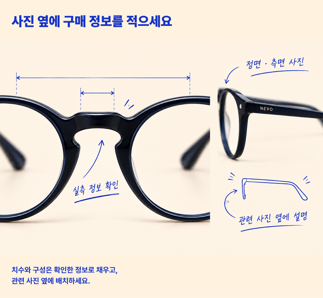 안경 치수와 정면·측면 정보를 관련 사진 옆에 배치하는 예시