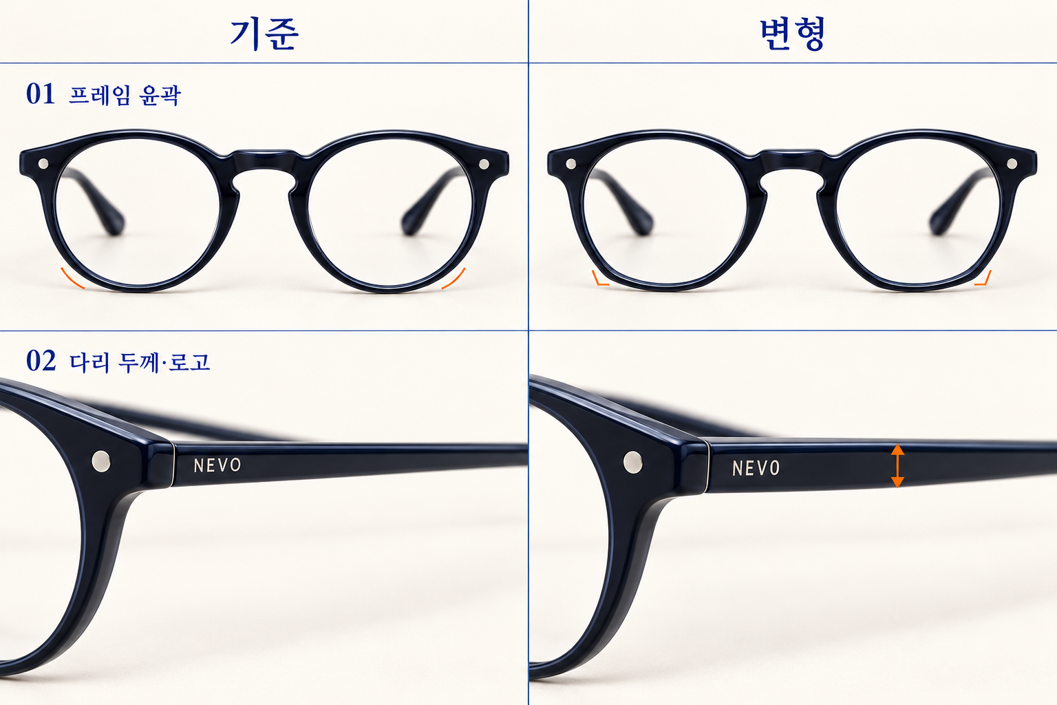 기준과 변형 비교. 프레임 아래쪽 윤곽, 안경다리 두께와 로고 글자의 차이를 나란히 확인합니다.