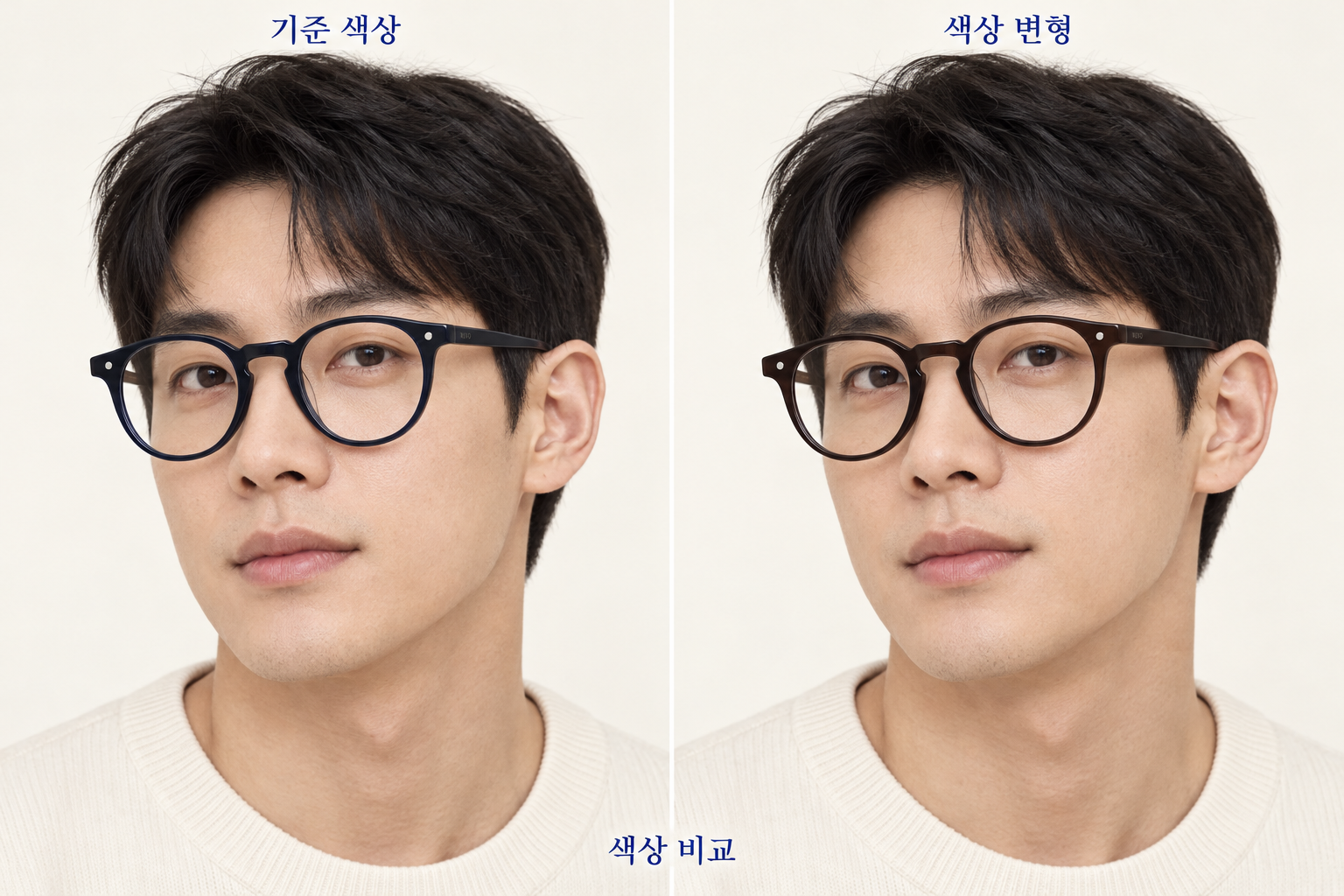 같은 인물과 구도에서 안경 색상을 비교한 착용컷. 왼쪽은 짙은 남색, 오른쪽은 짙은 갈색입니다.